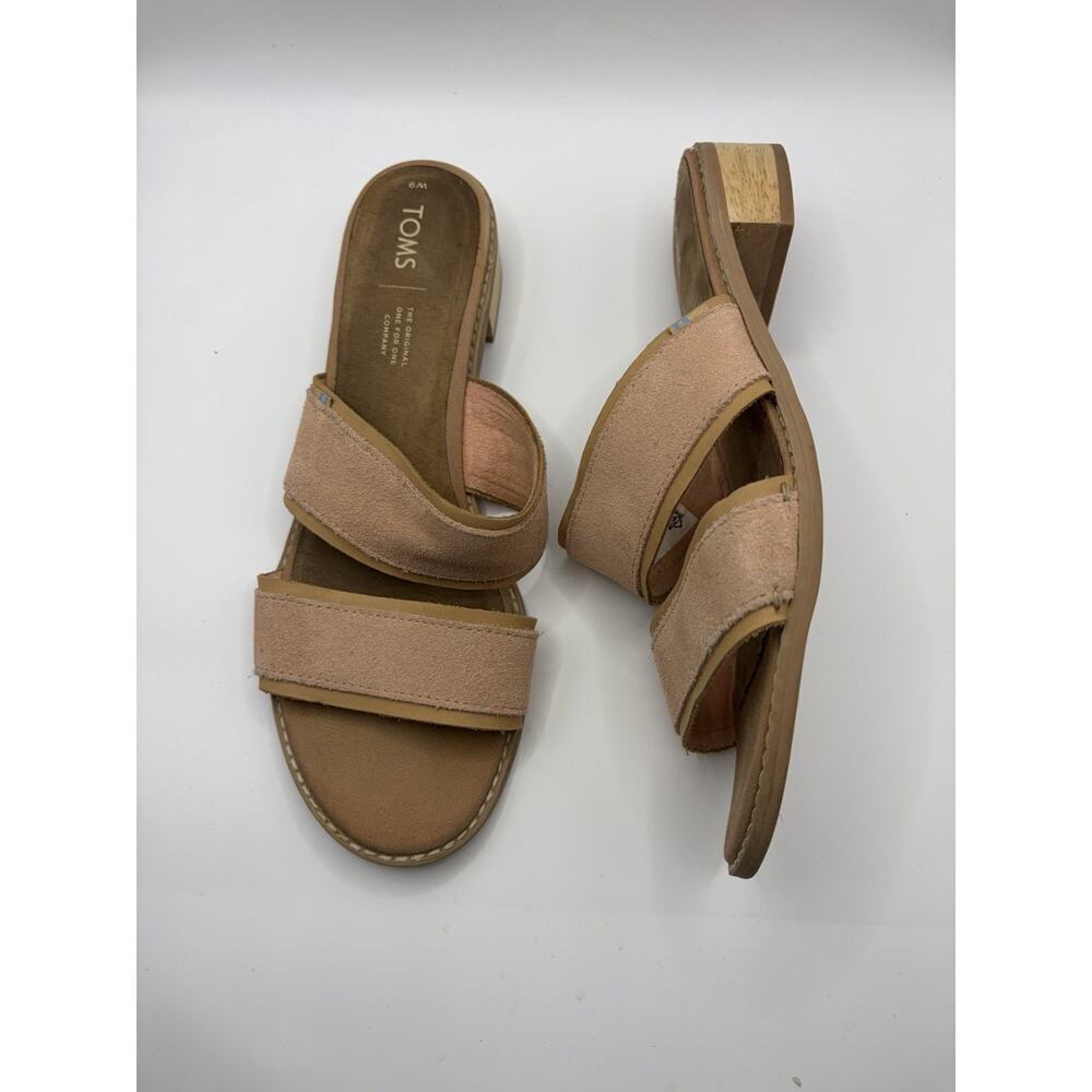 TOMS Suede Slide Sandals Womens 9 Tan Double Strap Block Heel Casual Wood Heel - Picture 2 of 7